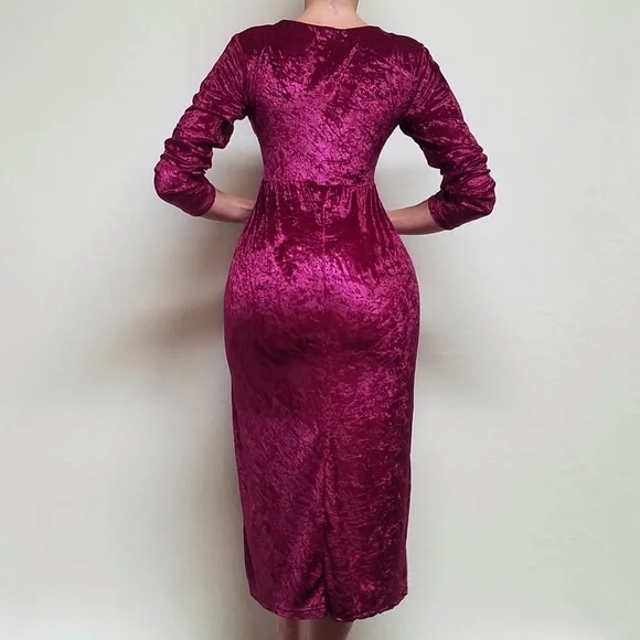 80s Vintage Cervelle Burgundy Crushed Velvet Regencycore Long Sleeve Midi Dress - Picture 3 of 13